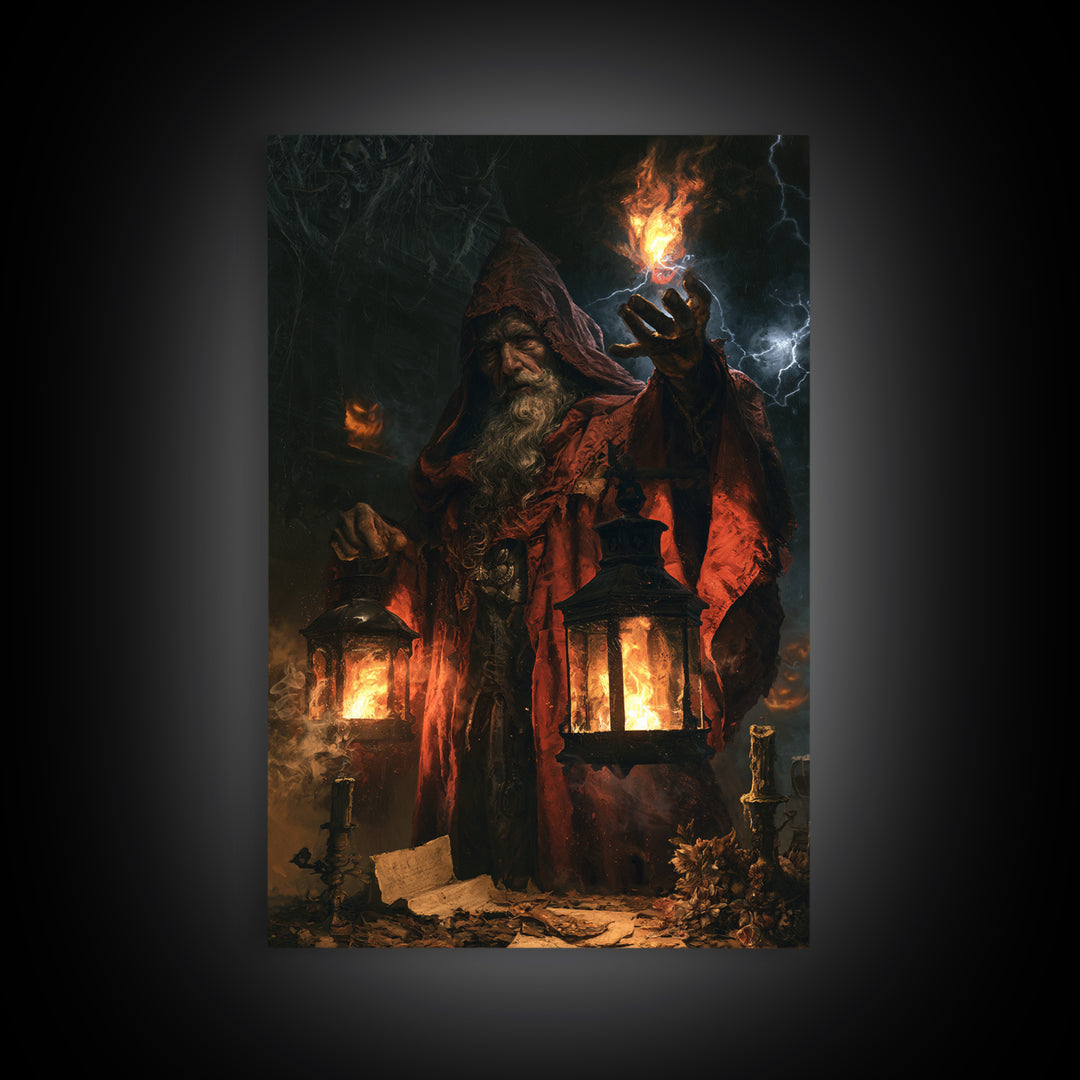 The Lantern Mage, Macabre Victorian Decor, Vertical Wall Art, Framed Canvas Print, Gothic Wall Decor, Halloween Portrait Art