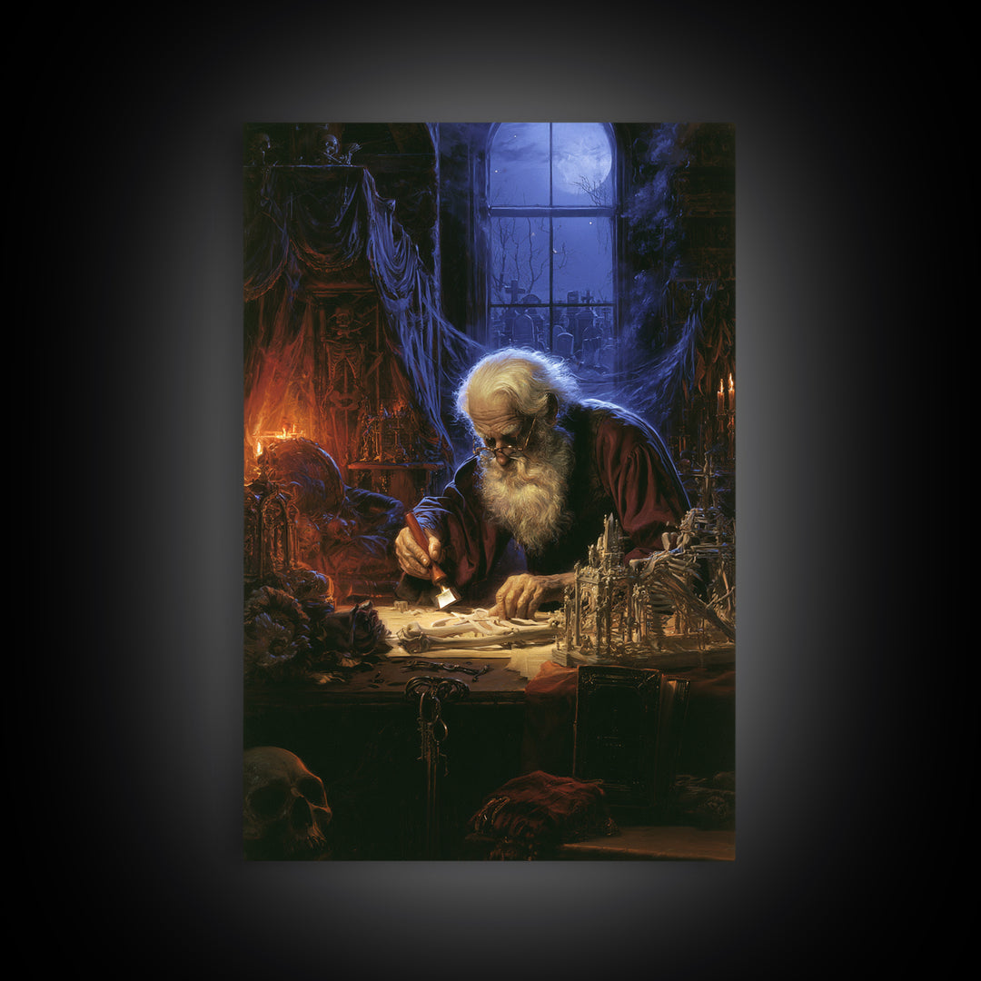 The Bone Sculptor, Antique Gothic Portrait, Vertical Wall Art, Canvas Print, Gothic Wall Decor, Halloween Portrait Art, Macabre Wall Art