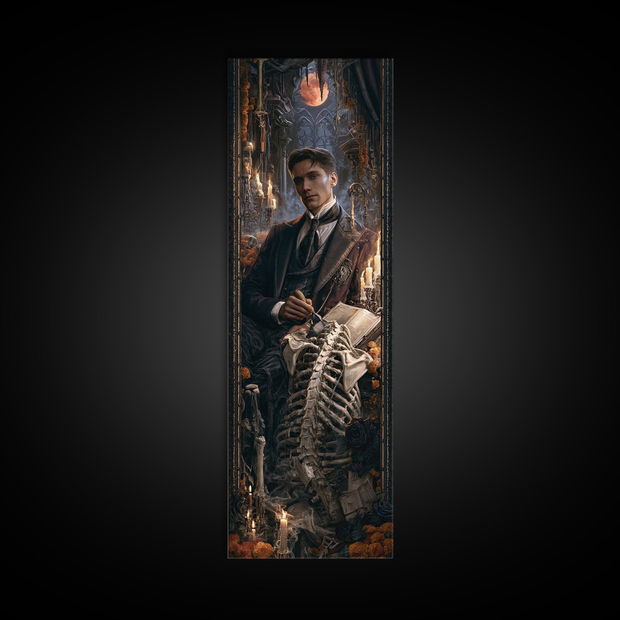 The Bone Sculptor, Macabre Victorian Decor, Tall Narrow Wall Art, Framed Canvas Print, Gothic Wall Decor, Halloween Portrait Art