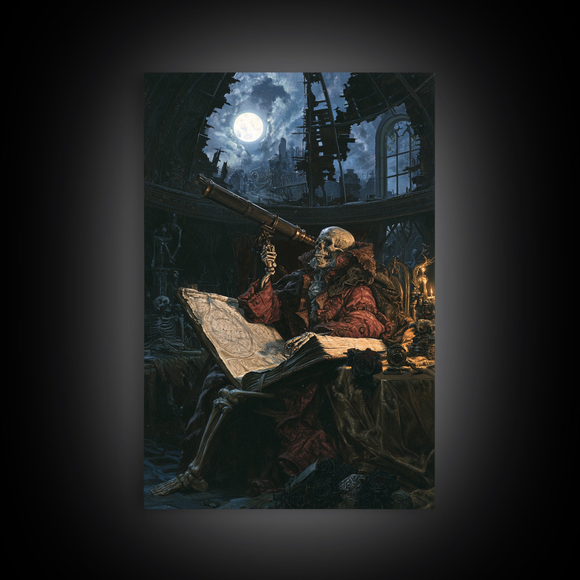 The Skull Astronomer, Victorian Horror Portrait, Vertical Wall Art, Framed Canvas Print, Gothic Wall Decor, Halloween Portrait Art