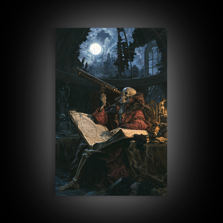 The Skull Astronomer, Victorian Horror Portrait, Vertical Wall Art, Framed Canvas Print, Gothic Wall Decor, Halloween Portrait Art