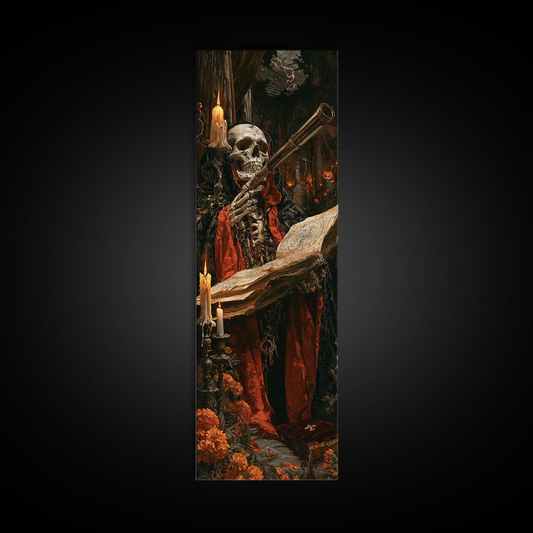 The Skull Astronomer, Victorian Gothic Art, Tall Narrow Wall Art, Canvas Print, Gothic Wall Decor, Halloween Portrait Art, Spooky Wall Decor