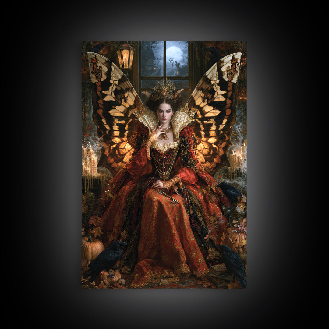 The Moth-Winged Empress, Antique Gothic Portrait, Vertical Wall Art, Framed Canvas Print, Gothic Wall Decor, Halloween Portrait Art