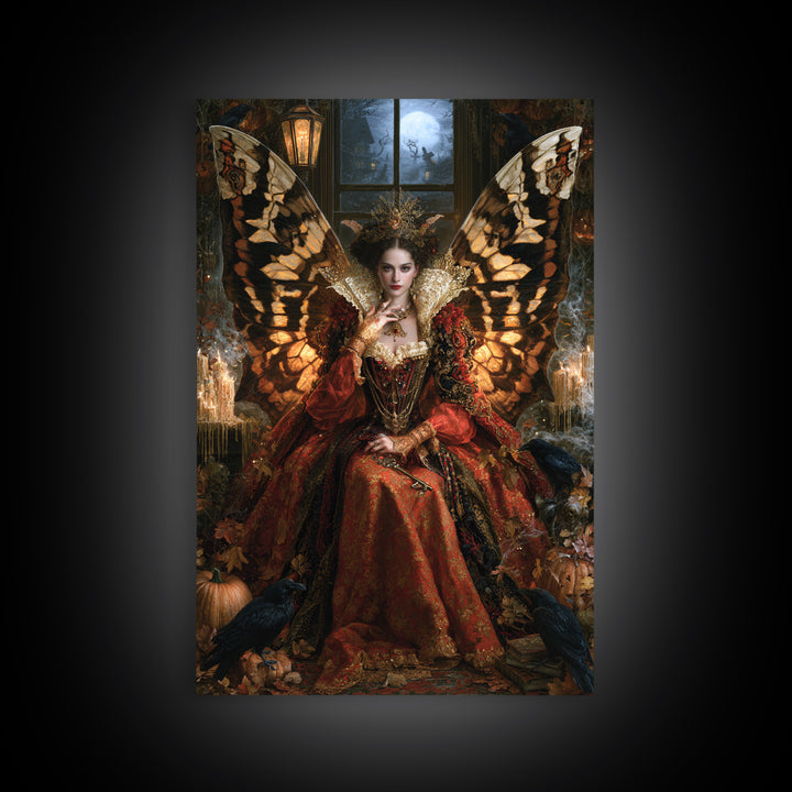 The Moth-Winged Empress, Antique Gothic Portrait, Vertical Wall Art, Framed Canvas Print, Gothic Wall Decor, Halloween Portrait Art
