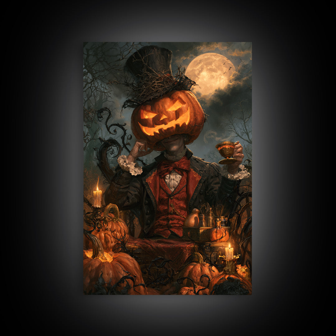 The Pumpkin-Headed Tea Merchant, Victorian Gothic Art, Vertical Wall Art, Framed Canvas Print, Gothic Wall Decor, Halloween Portrait Art
