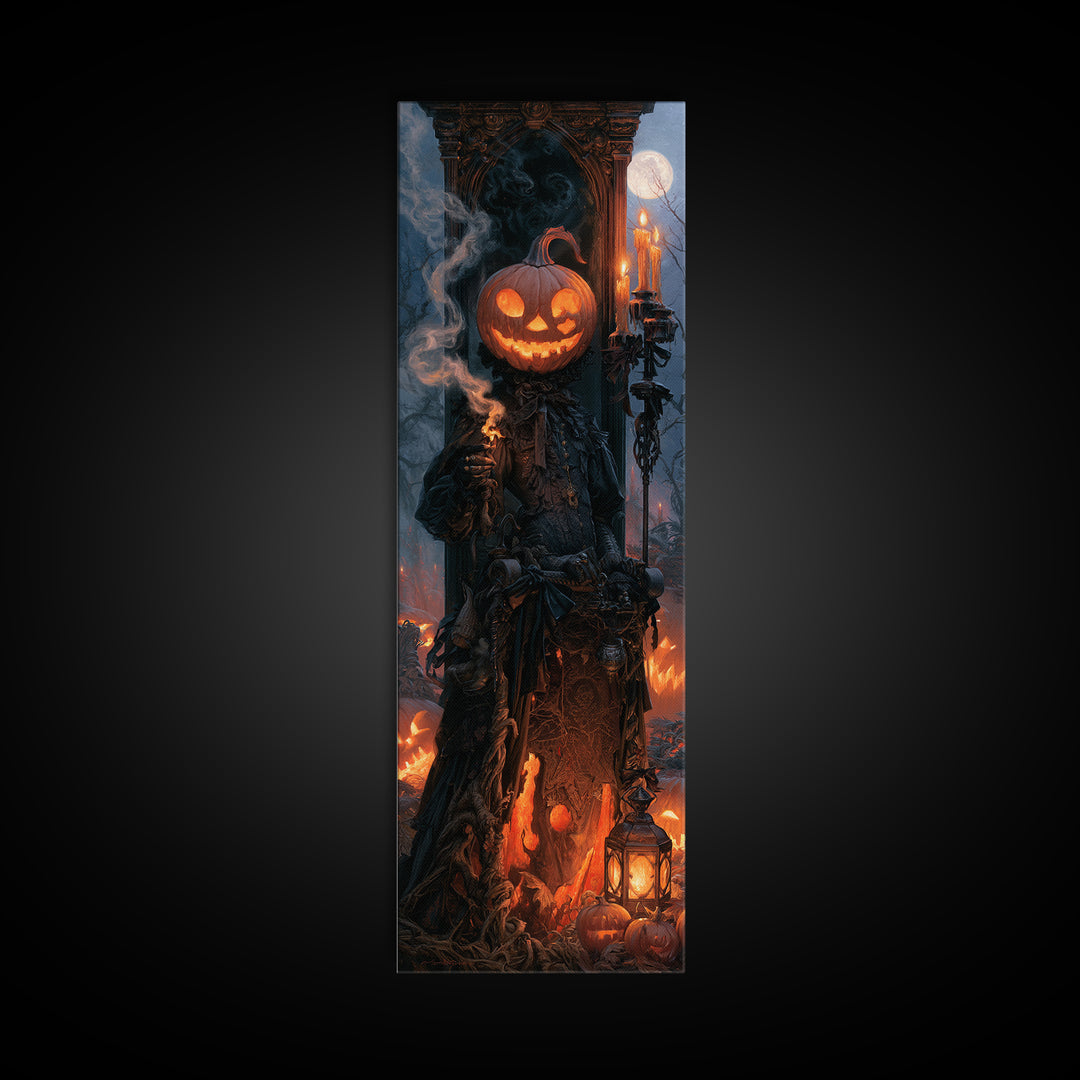 The Pumpkin-Headed Tea Merchant, Macabre Victorian Decor, Tall Narrow Wall Art, Framed Canvas Print, Gothic Wall Decor
