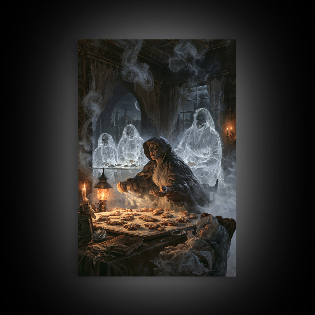 The Ghost Bakery, Victorian Horror Portrait, Vertical Wall Art, Framed Canvas Print, Gothic Wall Decor, Halloween Portrait Art