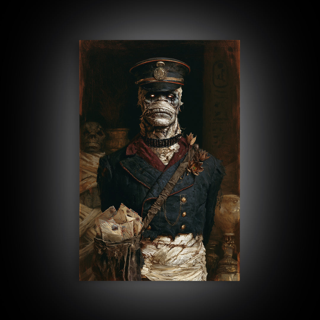 The Mummy Mail Carrier, Dark Academia Wall Art, Vertical Wall Art, Framed Canvas Print, Gothic Wall Decor, Halloween Portrait Art
