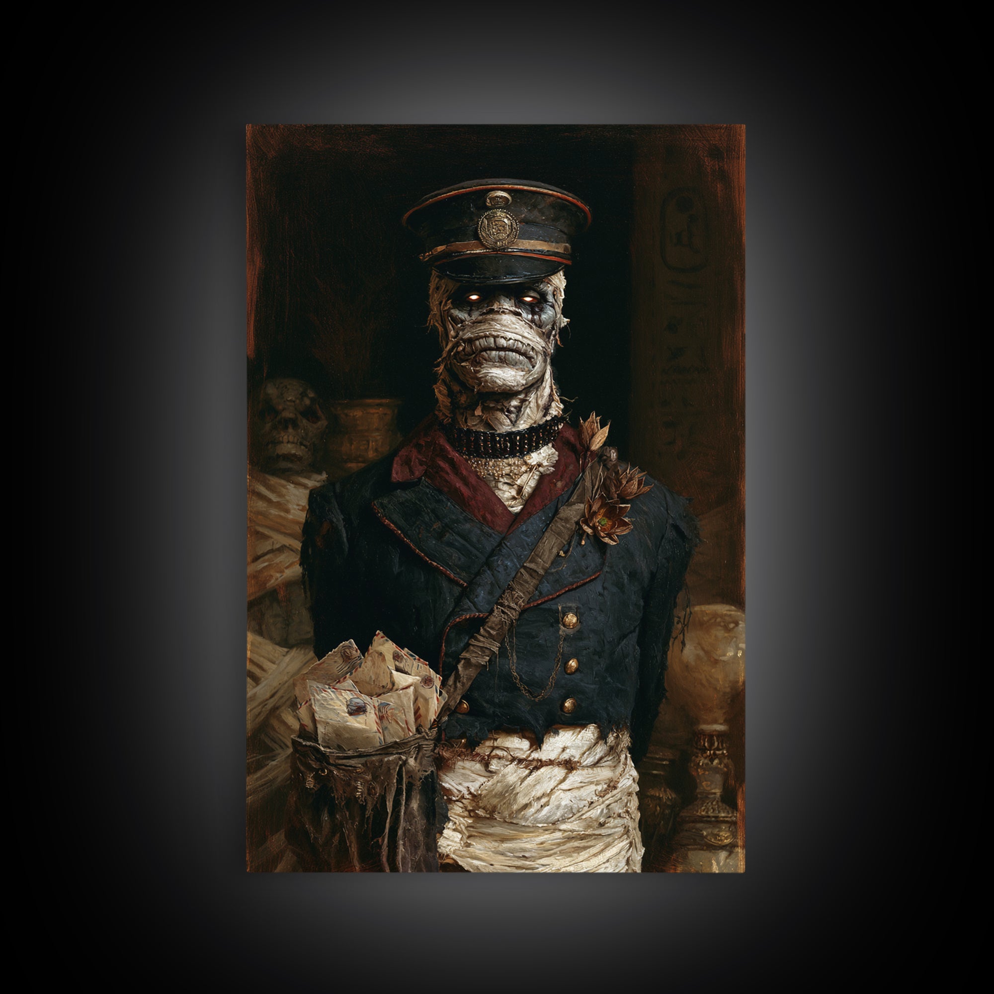 The Mummy Mail Carrier, Dark Academia Wall Art, Vertical Wall Art, Framed Canvas Print, Gothic Wall Decor, Halloween Portrait Art
