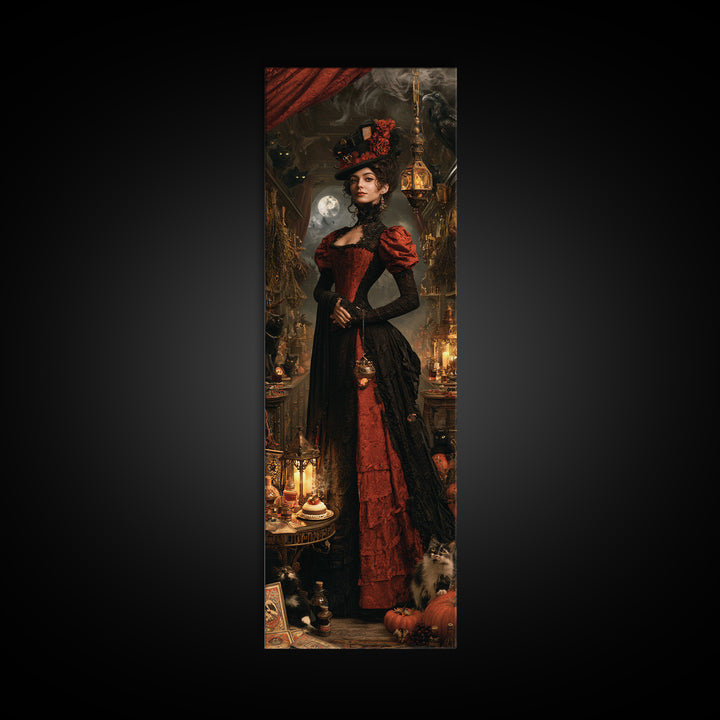 The Witch'S Cat Cafe, Dark Academia Wall Art, Tall Narrow Wall Art, Canvas Print, Gothic Wall Decor, Halloween Portrait Art, Halloween Decor