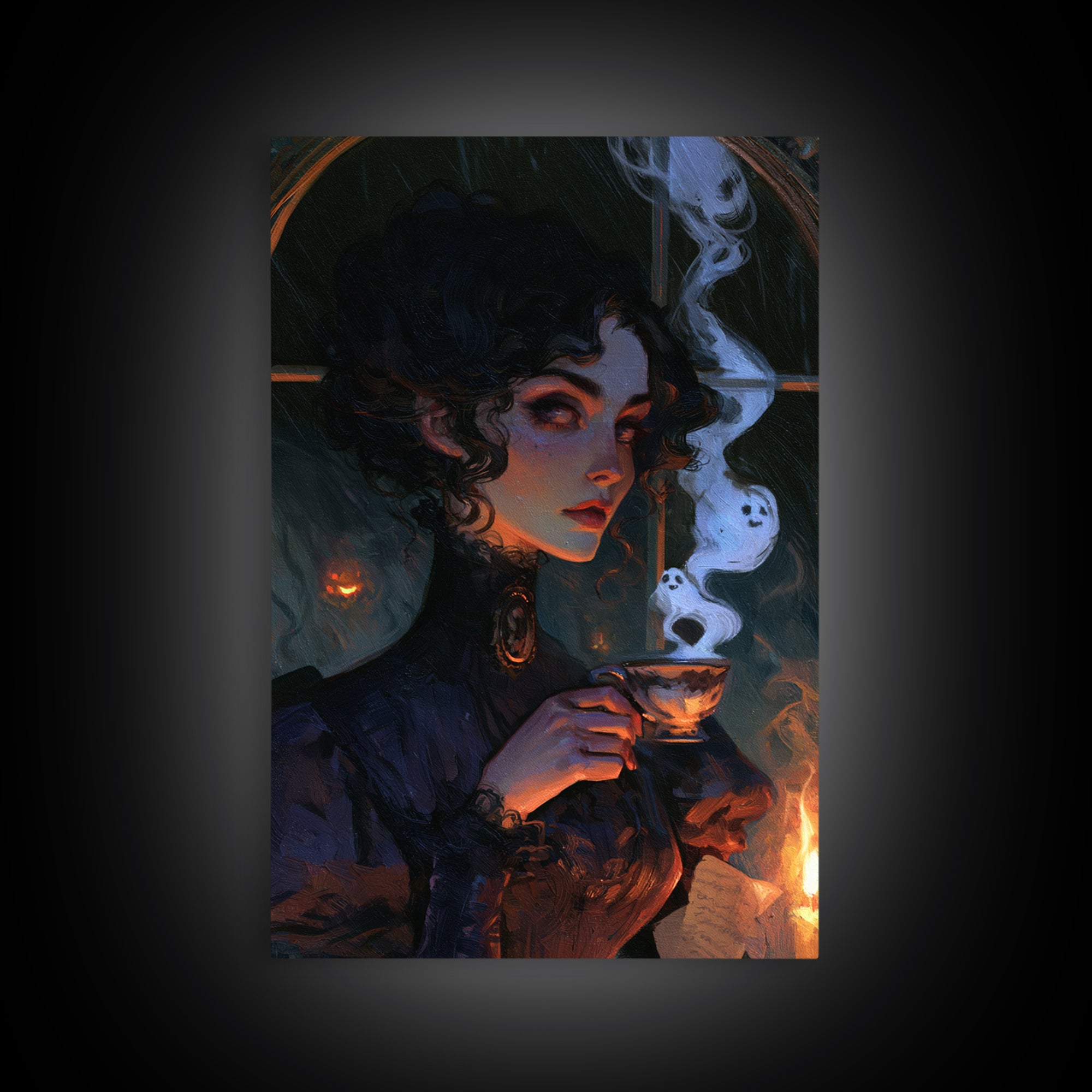 Tiny Ghosts In Teacups, Victorian Horror Portrait, Vertical Wall Art, Canvas Print, Gothic Wall Decor, Halloween Portrait Art