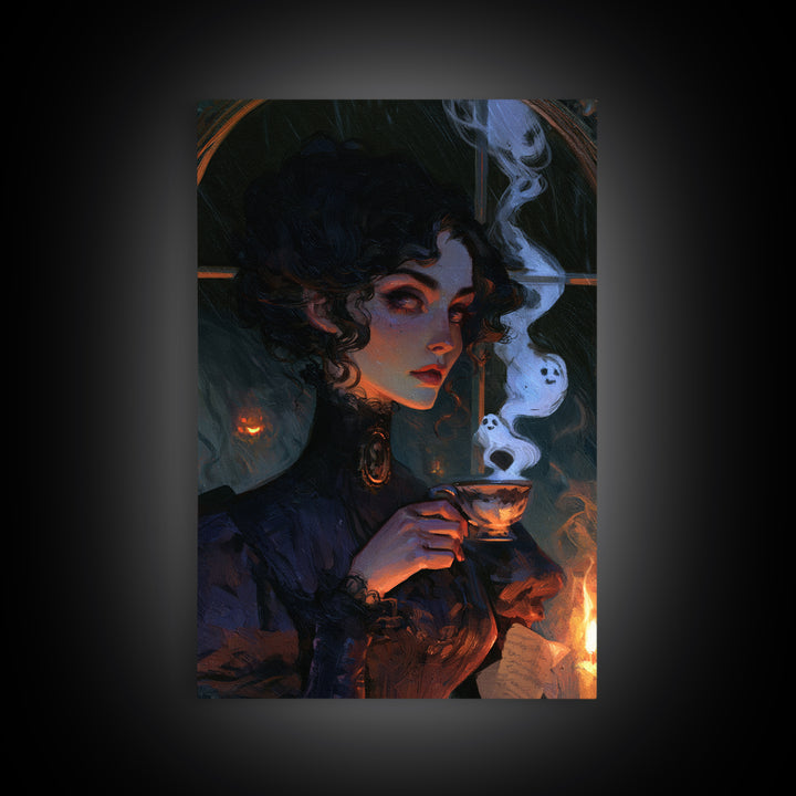 Tiny Ghosts In Teacups, Victorian Horror Portrait, Vertical Wall Art, Canvas Print, Gothic Wall Decor, Halloween Portrait Art