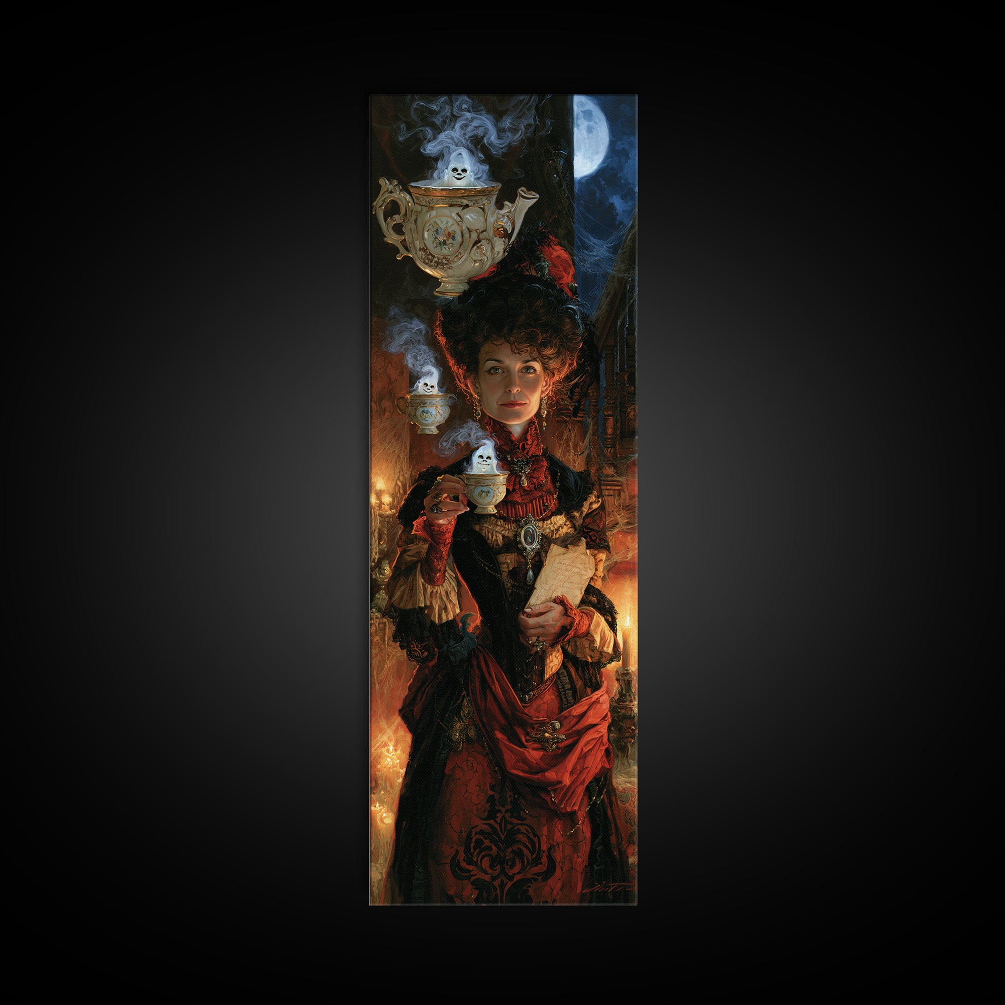 Tiny Ghosts In Teacups, Antique Gothic Portrait, Tall Narrow Wall Art, Canvas Print, Gothic Wall Decor, Halloween Portrait Art