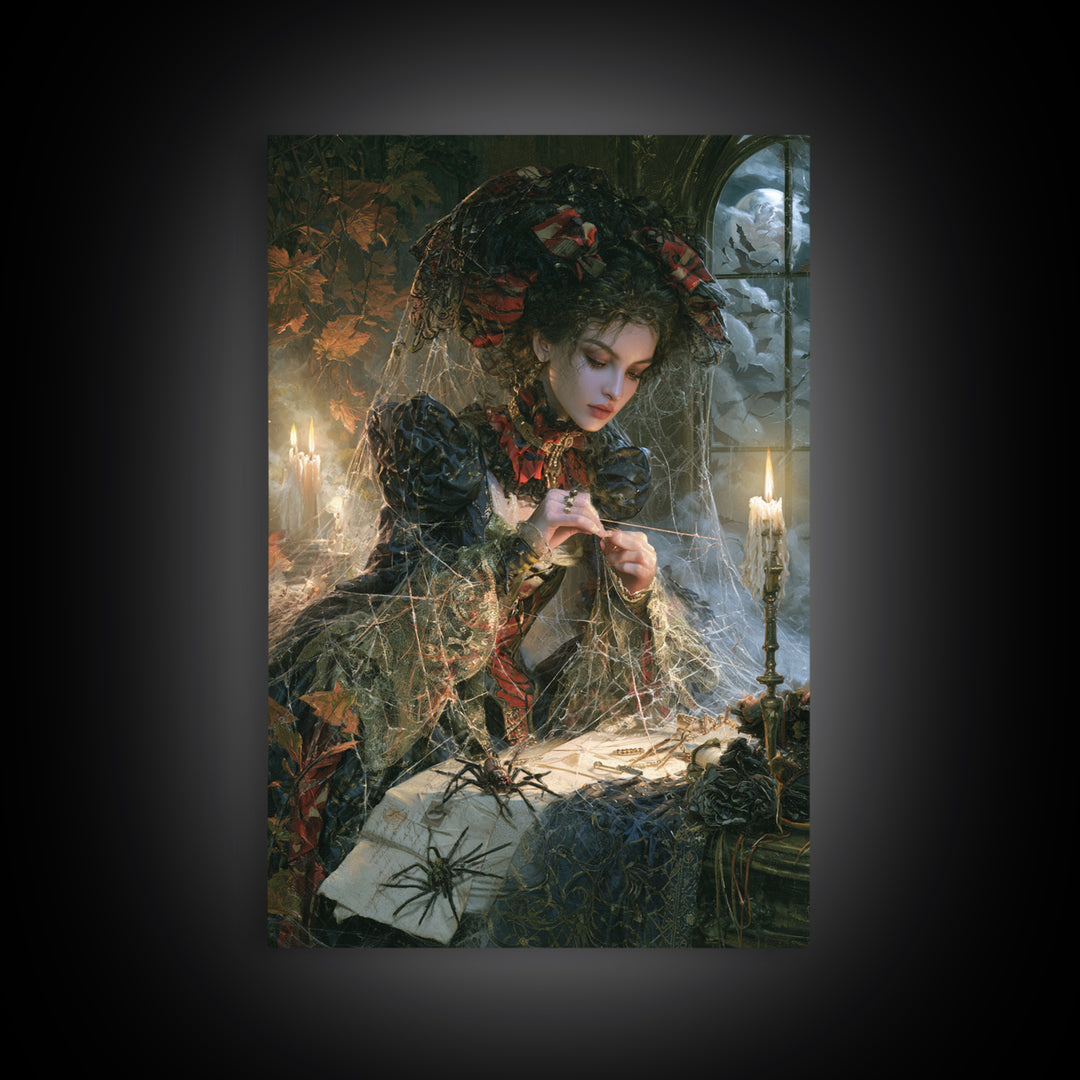 The Spider Sewing Circle, Victorian Horror Portrait, Vertical Wall Art, Framed Canvas Print, Gothic Wall Decor, Halloween Portrait Art