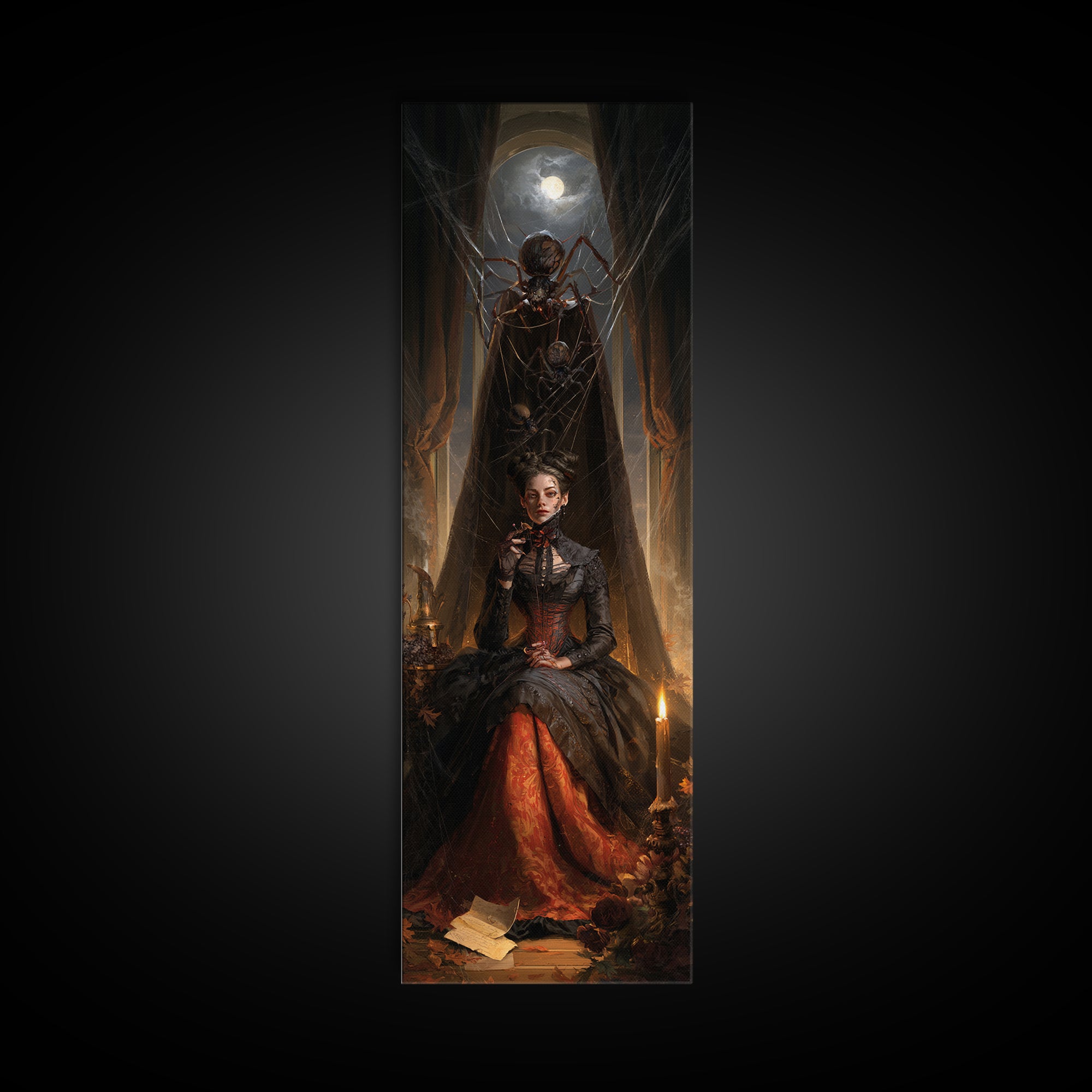 The Spider Sewing Circle, Victorian Horror Portrait, Tall Narrow Wall Art, Framed Canvas Print, Gothic Wall Decor, Halloween Portrait Art