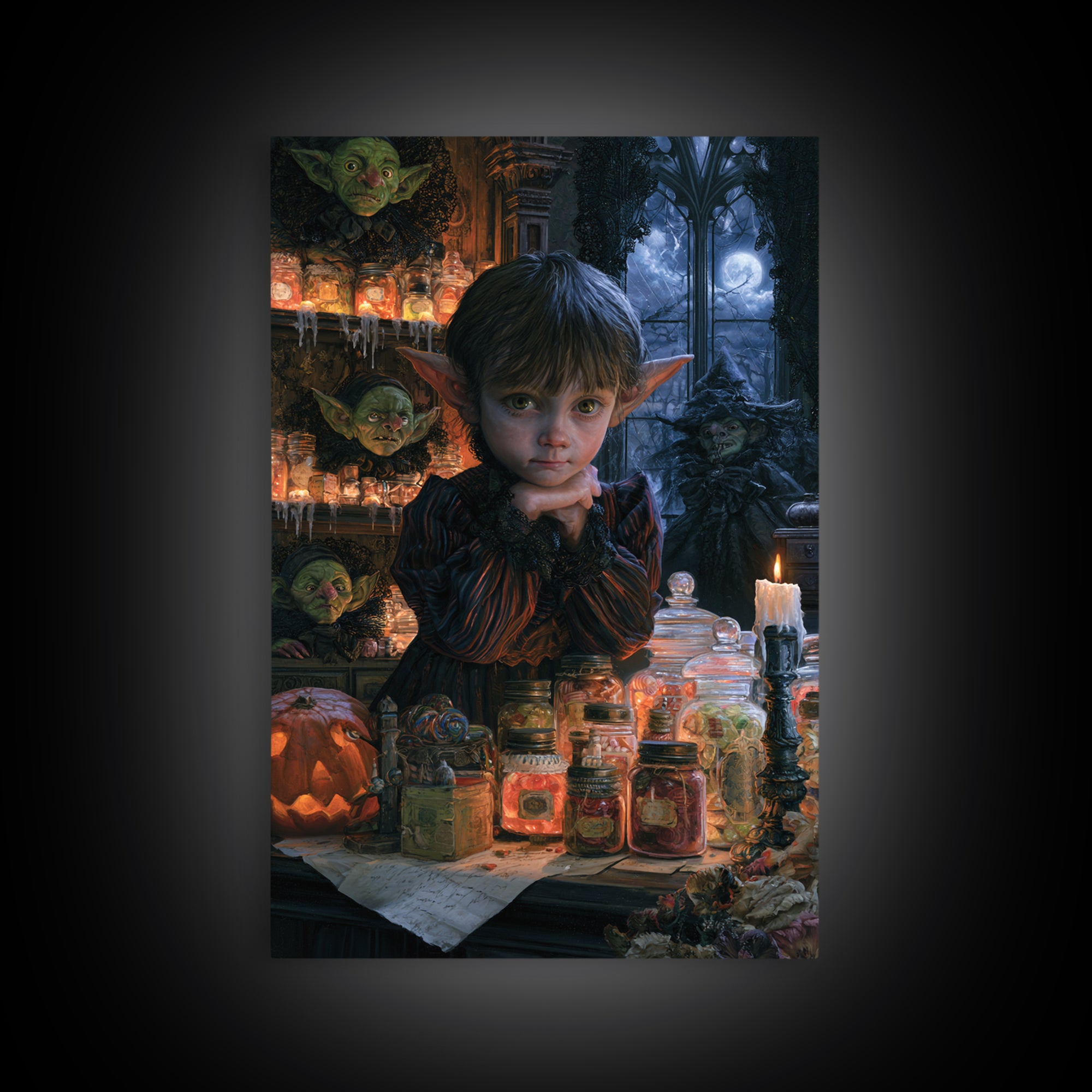 The Goblin Candy Shop, Dark Academia Wall Art, Vertical Wall Art, Framed Canvas Print, Gothic Wall Decor, Halloween Portrait Art