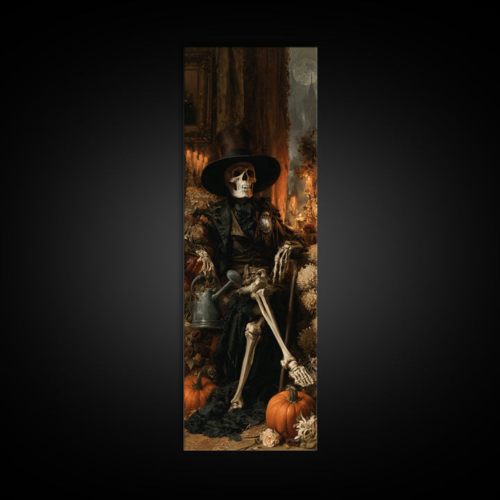 The Skeleton Gardeners, Dark Academia Wall Art, Tall Narrow Wall Art, Framed Canvas Print, Gothic Wall Decor, Halloween Portrait Art