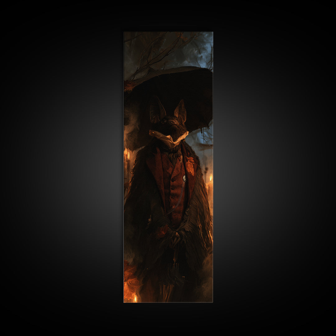 The Bat Umbrella Salesman, Macabre Victorian Decor, Tall Narrow Wall Art, Framed Canvas Print, Gothic Wall Decor, Halloween Portrait Art
