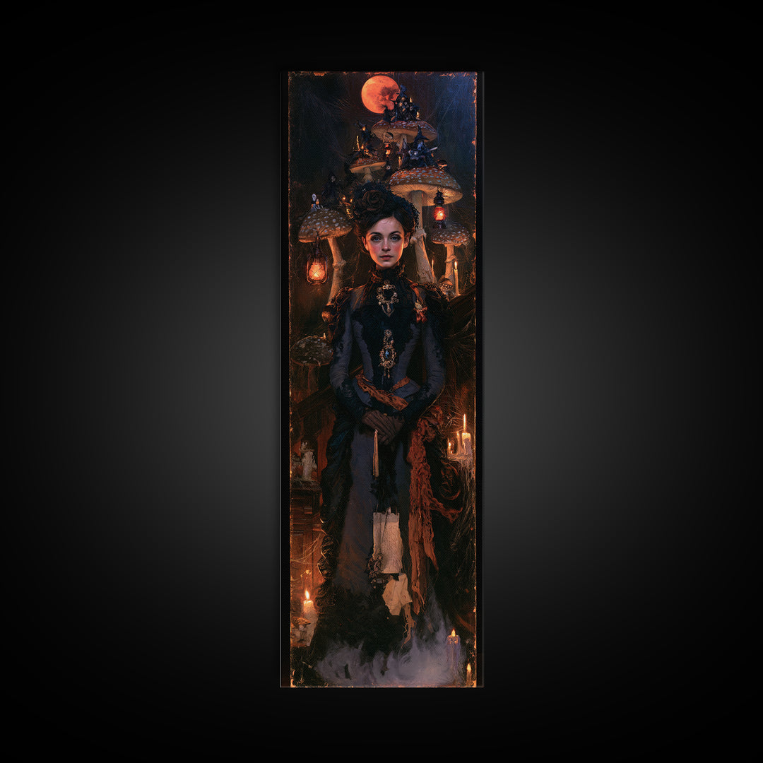 The Moonlit Mushroom Village, Macabre Victorian Decor, Tall Narrow Wall Art, Framed Canvas Print, Gothic Wall Decor, Halloween Portrait Art