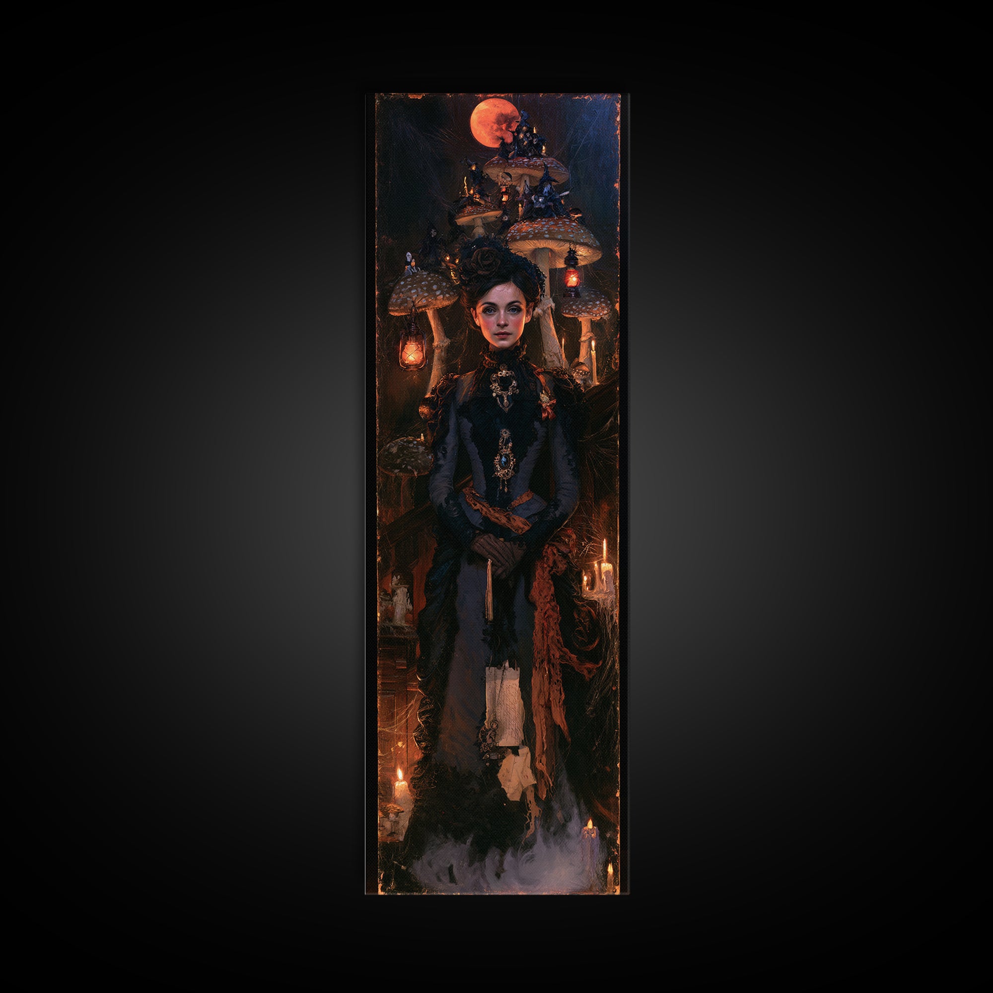 The Moonlit Mushroom Village, Macabre Victorian Decor, Tall Narrow Wall Art, Framed Canvas Print, Gothic Wall Decor, Halloween Portrait Art