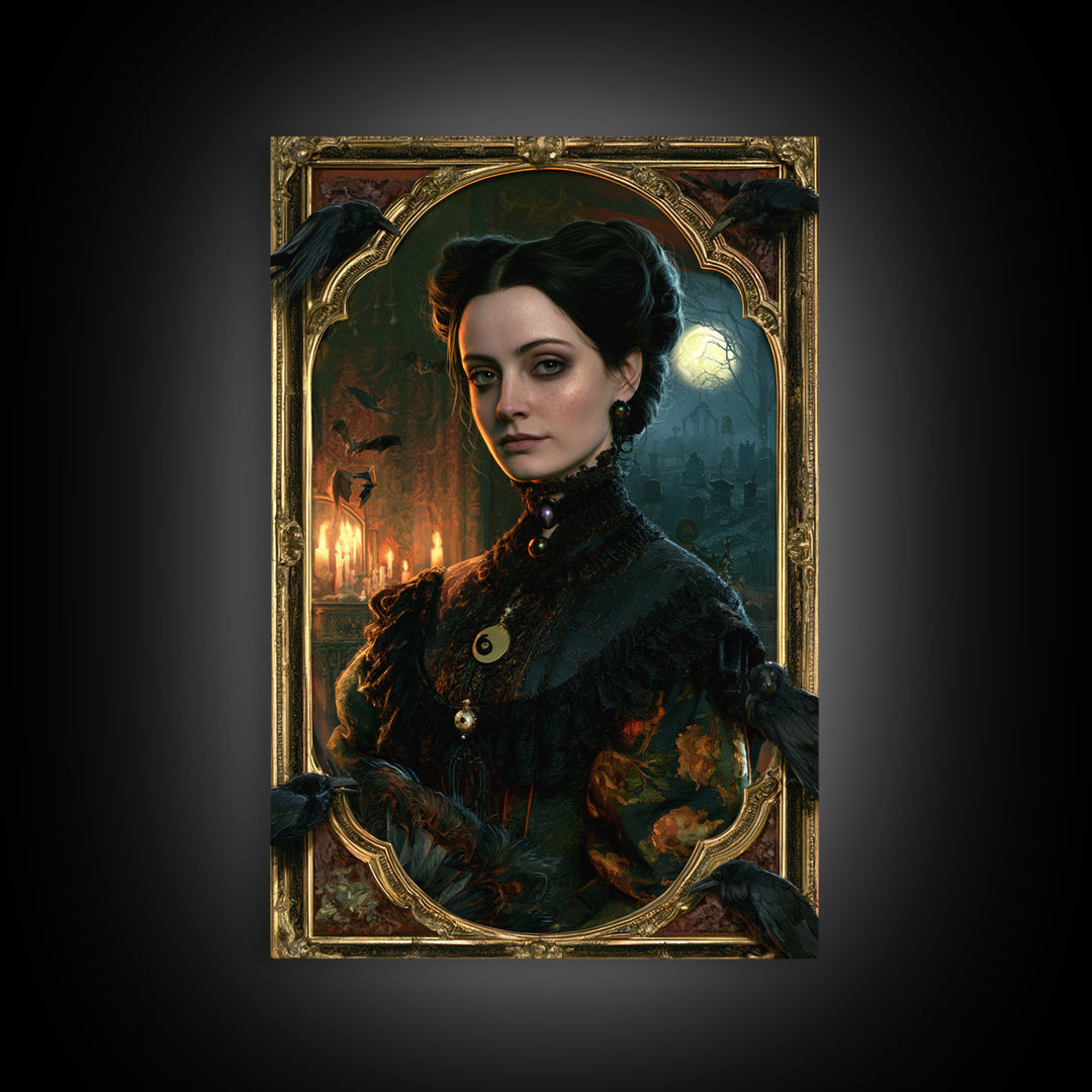The Raven Post Office, Victorian Horror Portrait, Vertical Wall Art, Framed Canvas Print, Gothic Wall Decor, Halloween Portrait Art