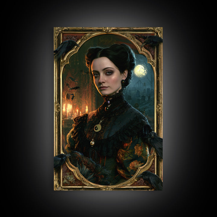The Raven Post Office, Victorian Horror Portrait, Vertical Wall Art, Framed Canvas Print, Gothic Wall Decor, Halloween Portrait Art