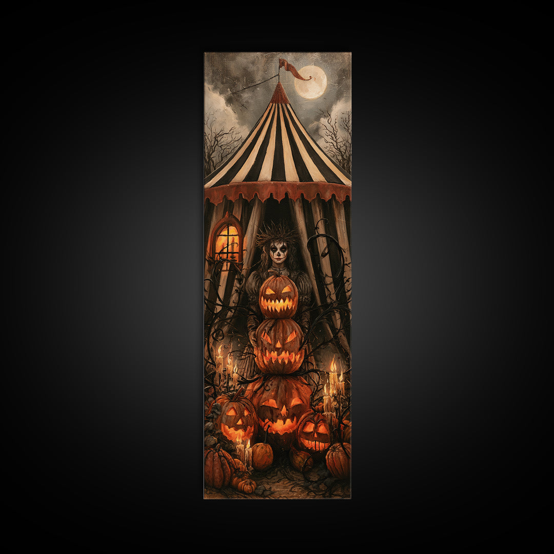 The Jack-O'-Lantern Circus, Macabre Victorian Decor, Tall Narrow Wall Art, Framed Canvas Print, Gothic Wall Decor, Halloween Portrait Art