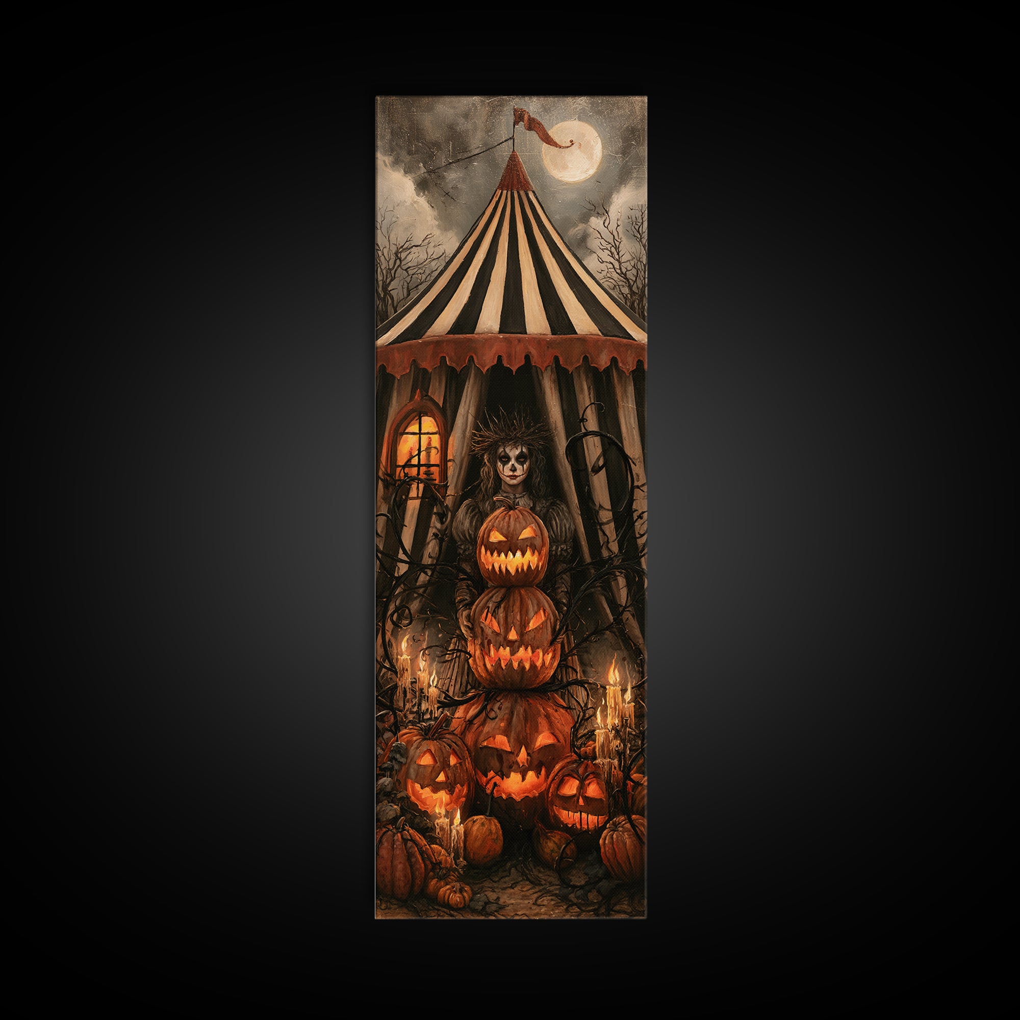 The Jack-O'-Lantern Circus, Macabre Victorian Decor, Tall Narrow Wall Art, Framed Canvas Print, Gothic Wall Decor, Halloween Portrait Art
