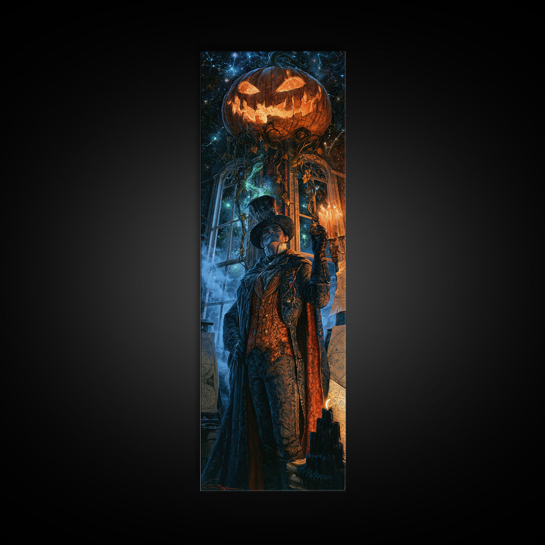 The Cosmic Pumpkin God, Victorian Gothic Art, Tall Narrow Wall Art, Framed Canvas Print, Gothic Wall Decor, Halloween Portrait Art