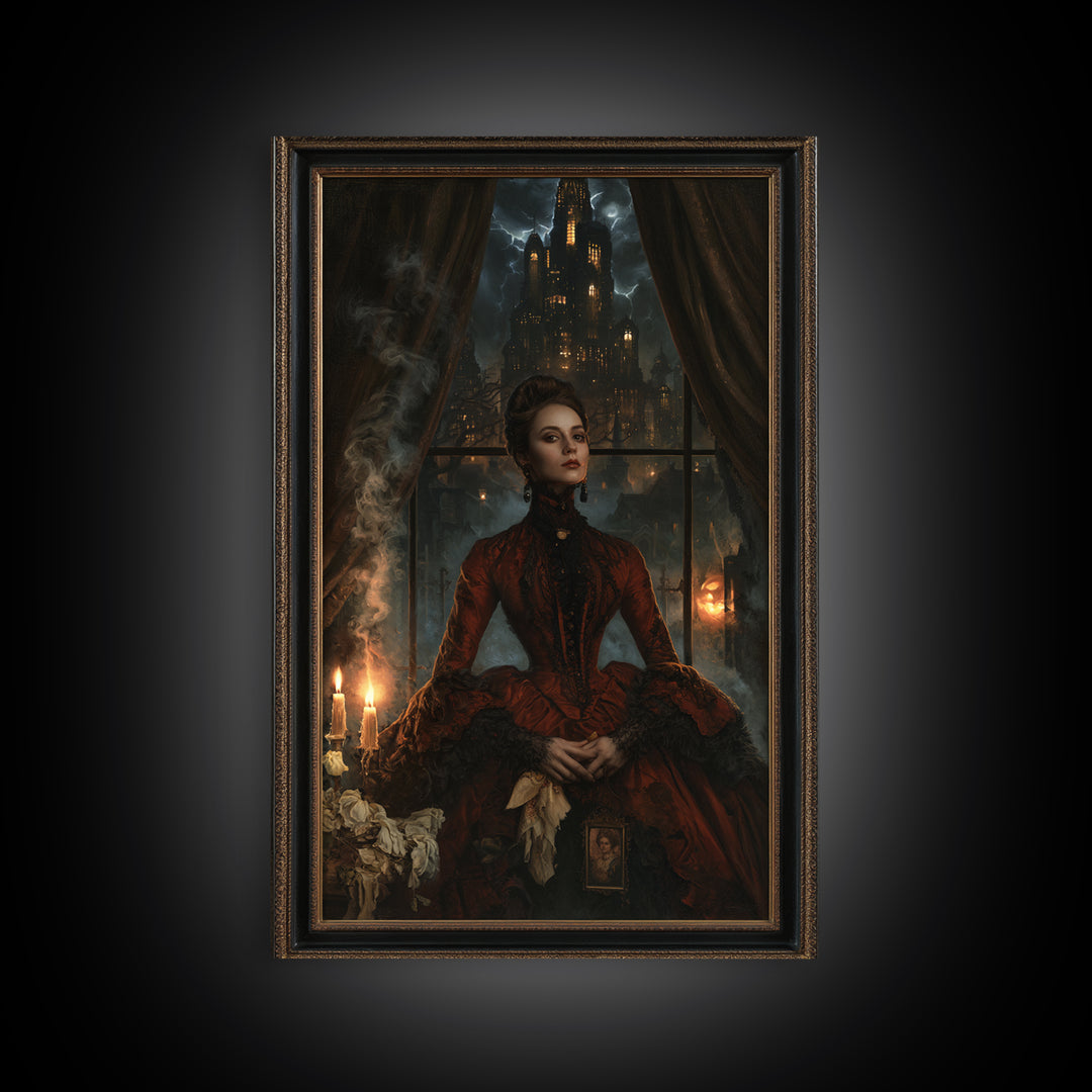 The Haunted City Skyline, Victorian Gothic Art, Vertical Wall Art, Framed Canvas Print, Gothic Wall Decor, Halloween Portrait Art