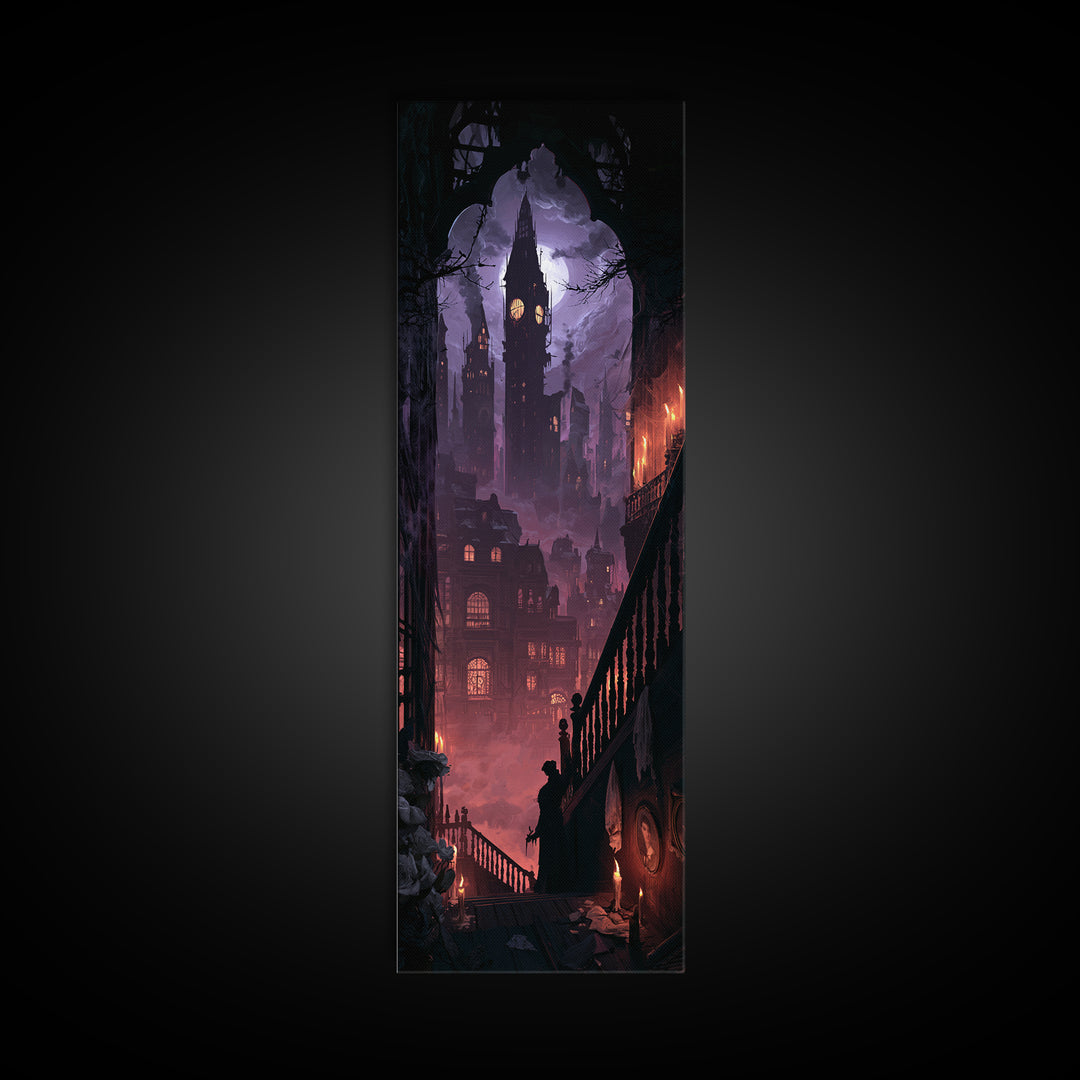 The Haunted City Skyline, Dark Academia Wall Art, Tall Narrow Wall Art, Framed Canvas Print, Gothic Wall Decor, Halloween Portrait Art