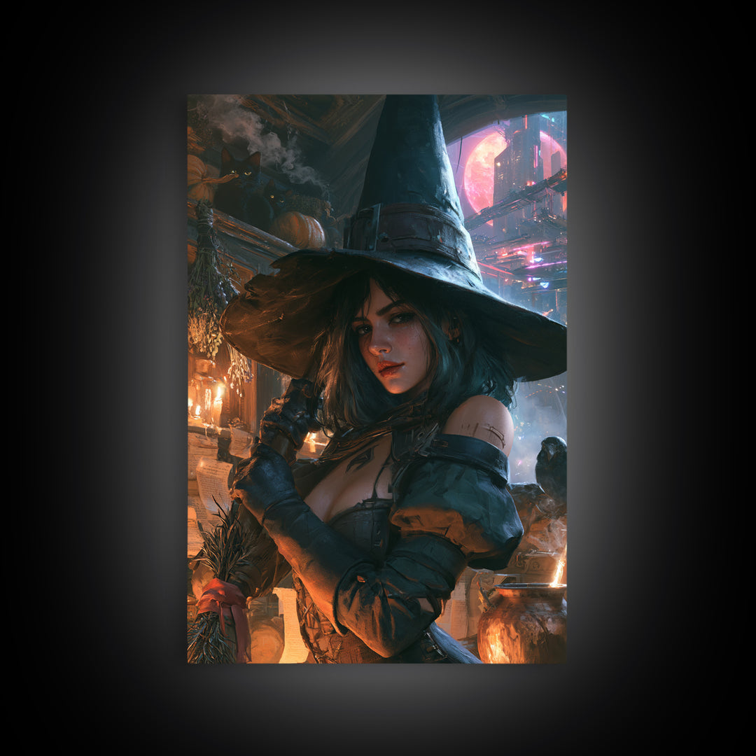 The Cyberpunk Witch, Dark Academia Wall Art, Vertical Wall Art, Canvas Print, Gothic Wall Decor, Halloween Portrait Art, Halloween Decor