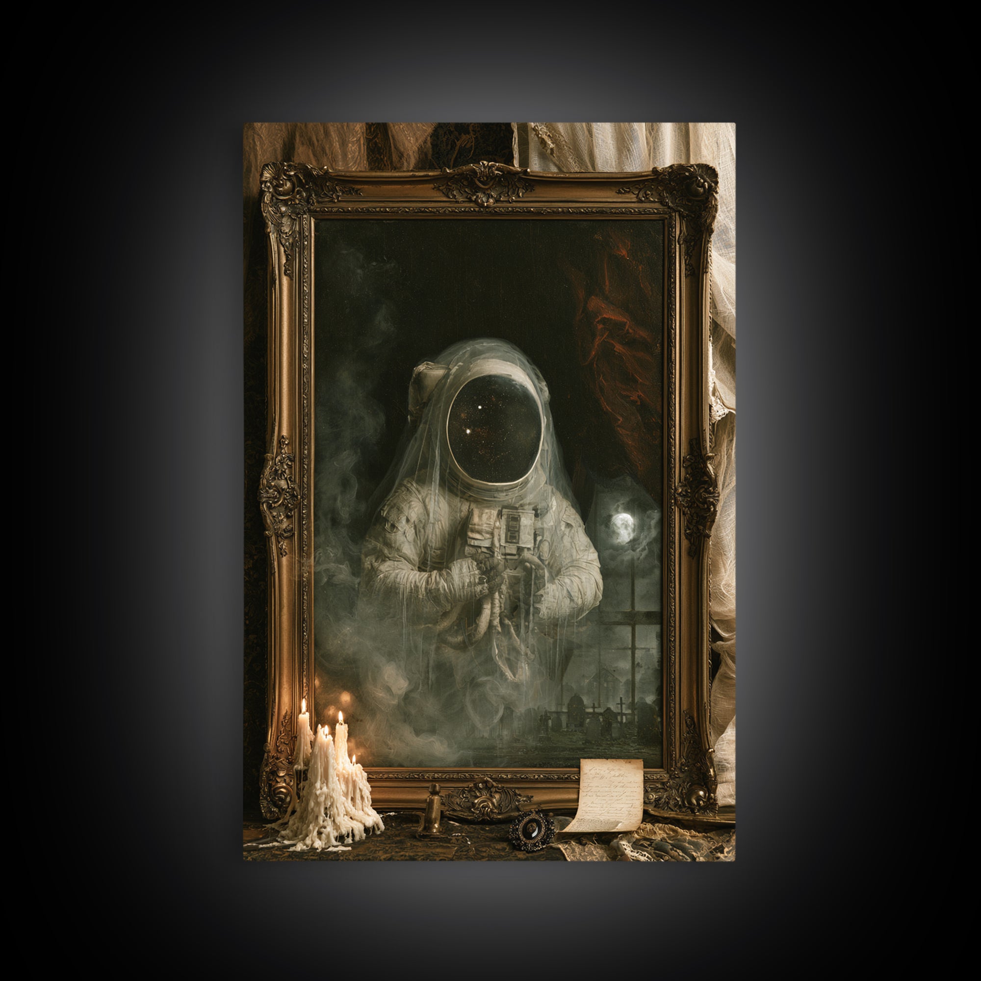 The Astronaut Ghost, Dark Academia Wall Art, Vertical Wall Art, Canvas Print, Gothic Wall Decor, Halloween Portrait Art