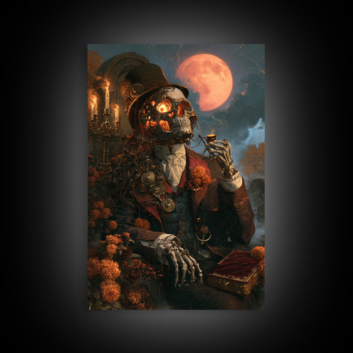 The Biomechanical Skeleton, Antique Gothic Portrait, Vertical Wall Art, Canvas Print, Gothic Wall Decor, Halloween Portrait Art