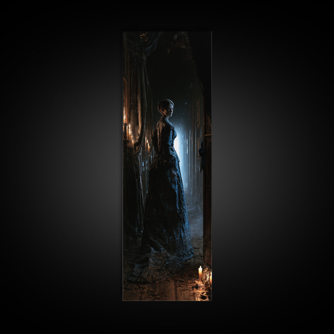 The Infinite Hallway, Dark Academia Wall Art, Tall Narrow Wall Art, Framed Canvas Print, Gothic Wall Decor, Halloween Portrait Art