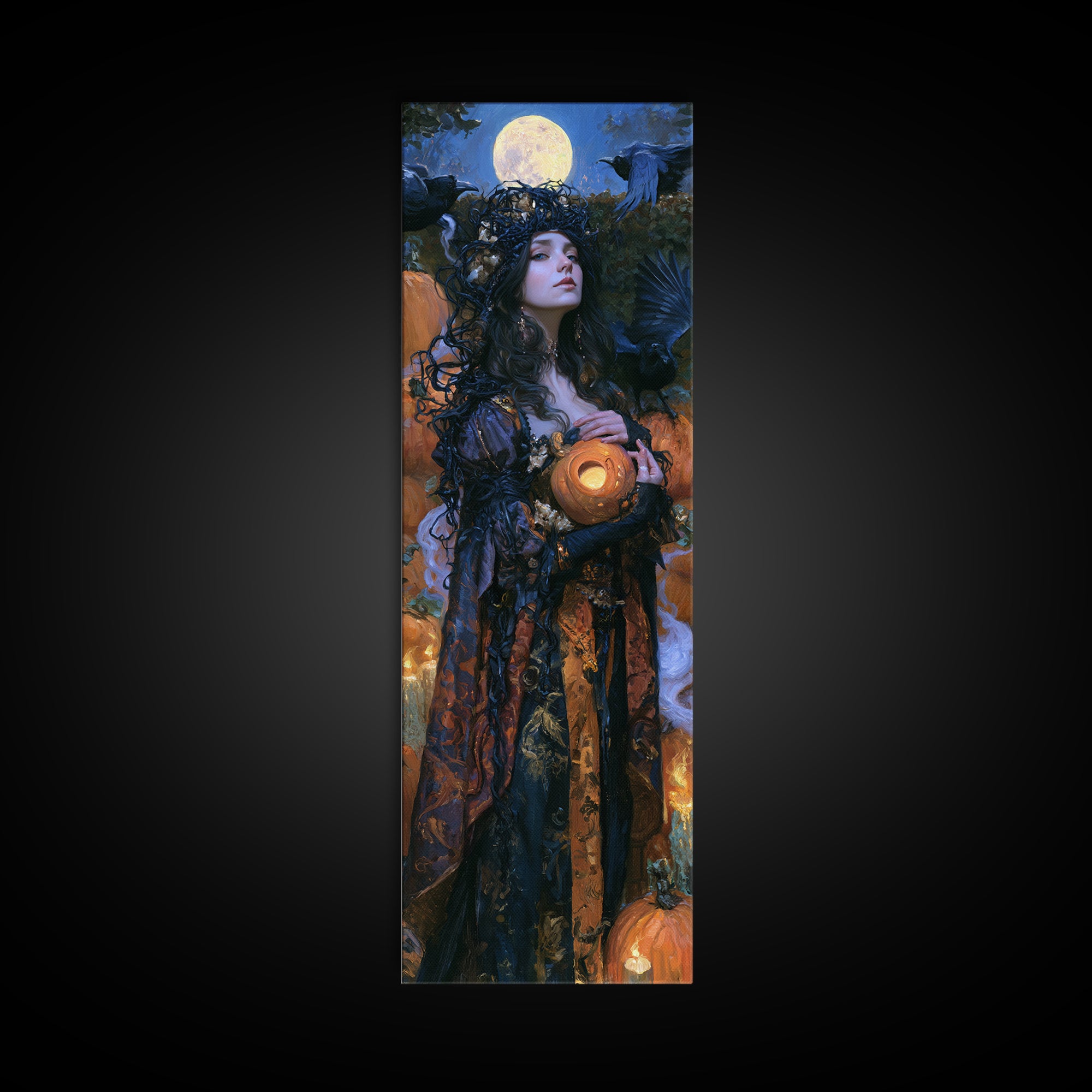 The Moon Inside A Pumpkin, Victorian Horror Portrait, Tall Narrow Wall Art, Framed Canvas Print, Gothic Wall Decor, Halloween Portrait Art