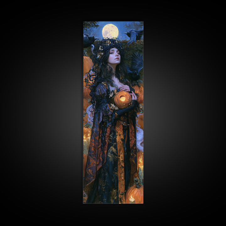 The Moon Inside A Pumpkin, Victorian Horror Portrait, Tall Narrow Wall Art, Framed Canvas Print, Gothic Wall Decor, Halloween Portrait Art