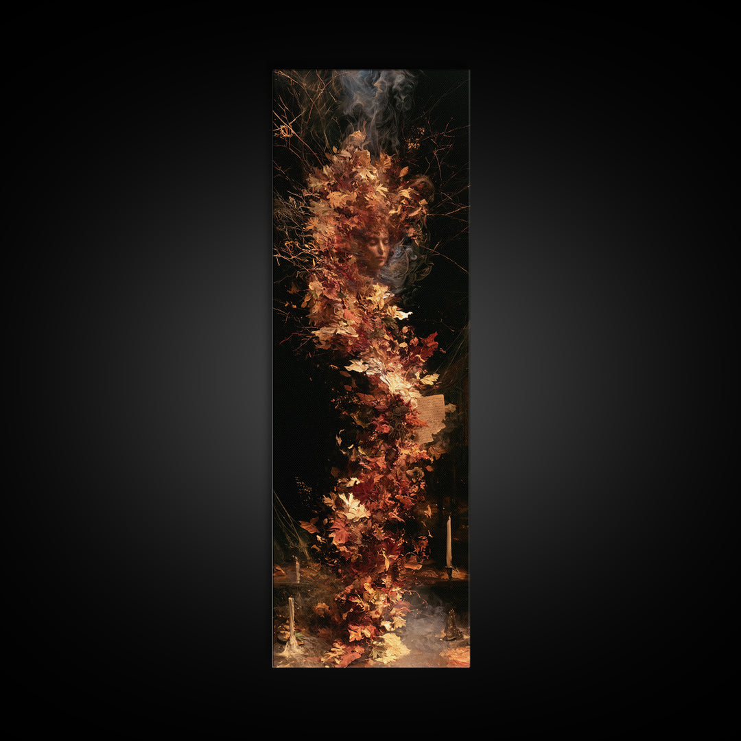 The Autumn-Leaf Ghost, Victorian Gothic Art, Tall Narrow Wall Art, Framed Canvas Print, Gothic Wall Decor, Halloween Portrait Art