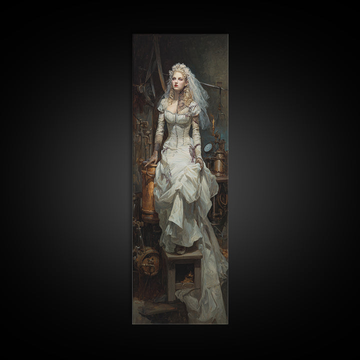 The Stitched Bride Of Thunder Hall, Macabre Victorian Decor, Tall Narrow Wall Art, Framed Canvas Print, Gothic Wall Decor, Spooky Wall Decor