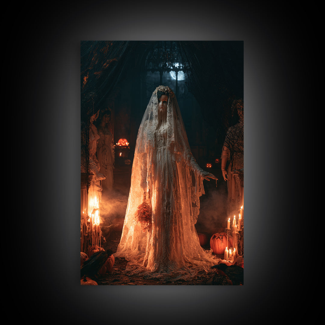 The Wax Bride Of Mourning Hall, Antique Gothic Portrait, Vertical Wall Art, Framed Canvas Print, Gothic Wall Decor, Halloween Portrait Art