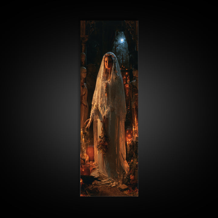The Wax Bride Of Mourning Hall, Antique Gothic Portrait, Tall Narrow Wall Art, Framed Canvas Print, Gothic Wall Decor, Macabre Wall Art