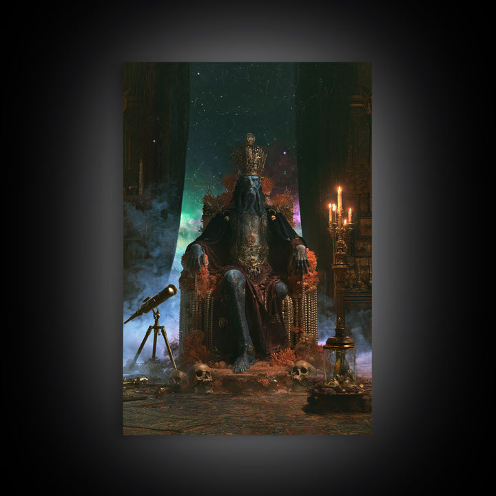 The Watcher In The Coral Throne, Lovecraftian Portrait Art, Vertical Wall Art, Framed Canvas Print, Gothic Wall Decor, Gothic Home Decor
