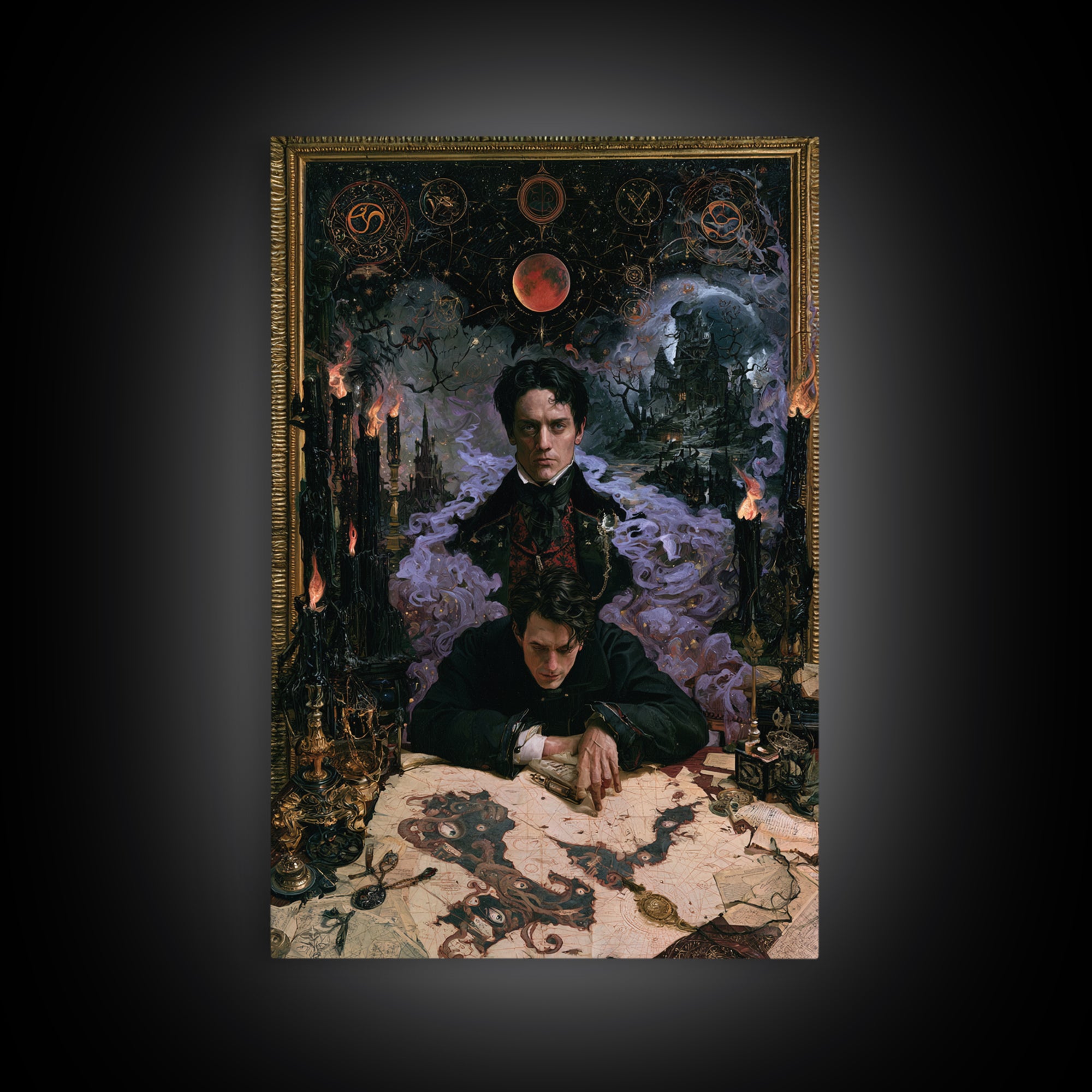 The Mapmaker Of Impossible Shores, Macabre Victorian Decor, Vertical Wall Art, Framed Canvas Print, Gothic Wall Decor, Spooky Wall Decor