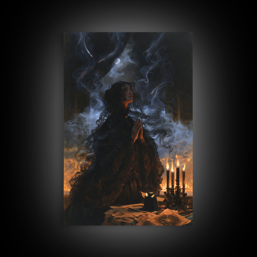 The Widow Of The Whispering Comet, Victorian Cosmic Horror, Vertical Wall Art, Framed Canvas Print, Gothic Wall Decor, Gothic Home Decor
