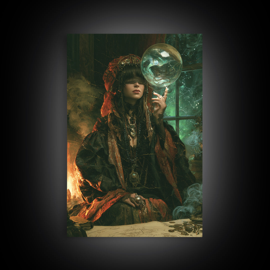 The Oracle Of The Glass Depths, Macabre Victorian Decor, Vertical Wall Art, Framed Canvas Print, Gothic Wall Decor, Halloween Portrait Art