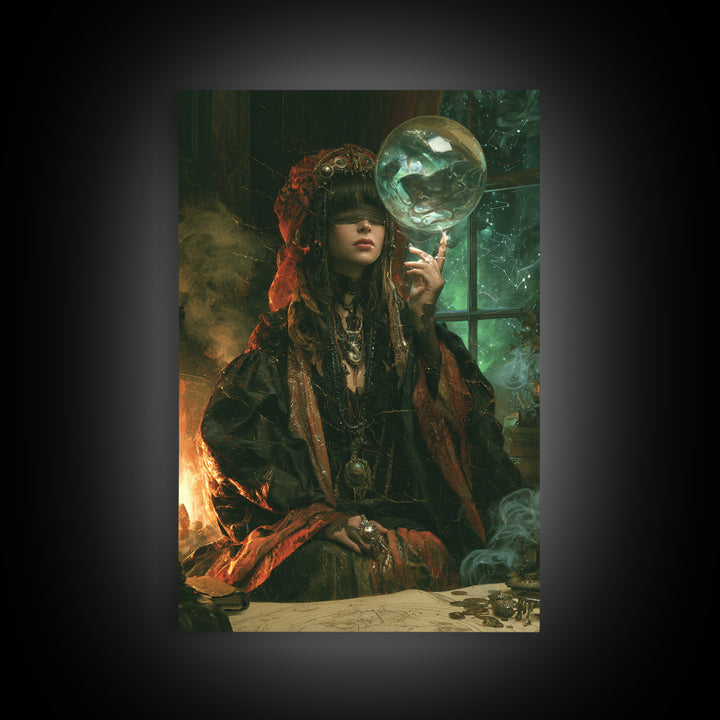 The Oracle Of The Glass Depths, Macabre Victorian Decor, Vertical Wall Art, Framed Canvas Print, Gothic Wall Decor, Halloween Portrait Art