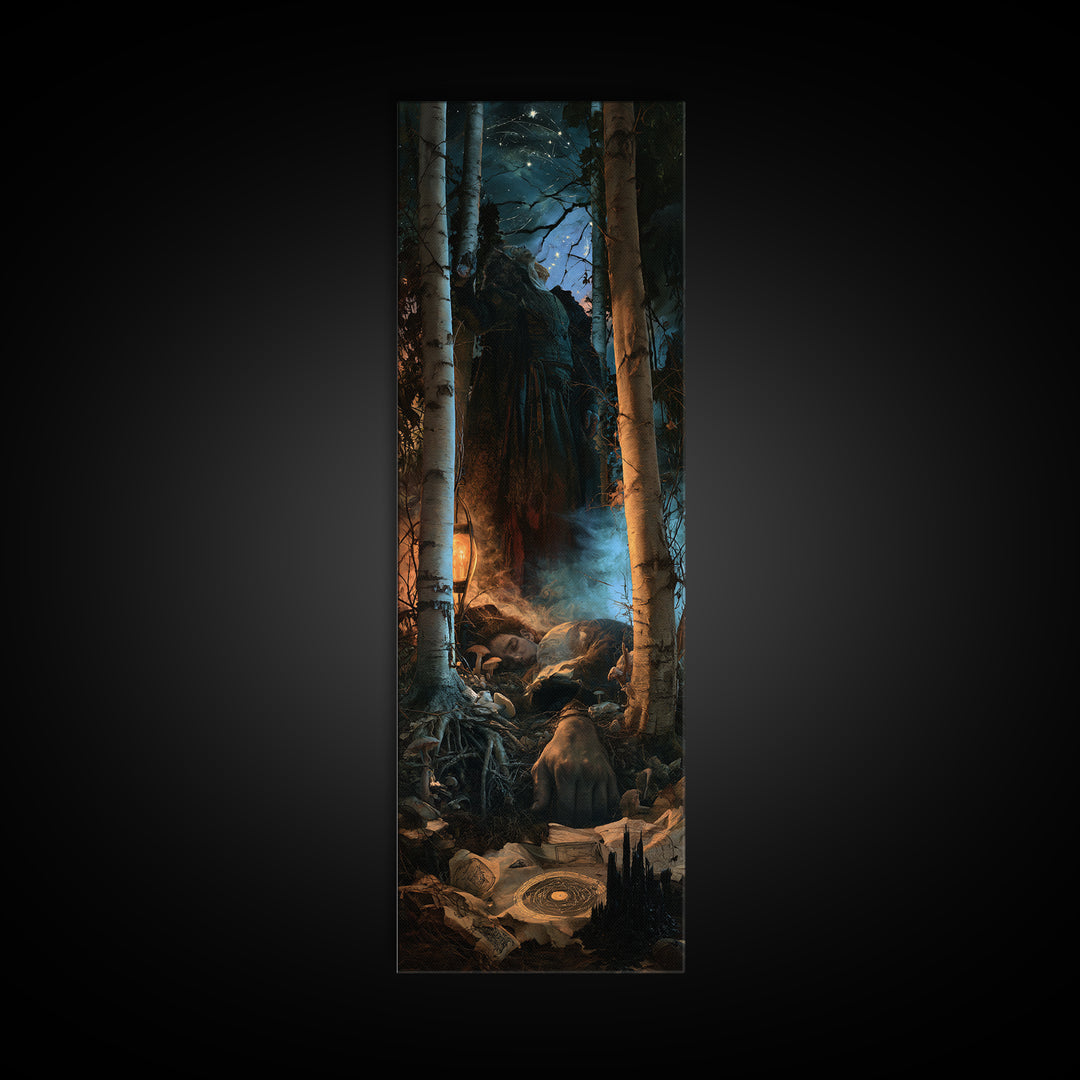 The Sleeper In The Birch Grove, Lovecraftian Portrait Art, Tall Narrow Wall Art, Framed Canvas Print, Gothic Wall Decor, Macabre Wall Art