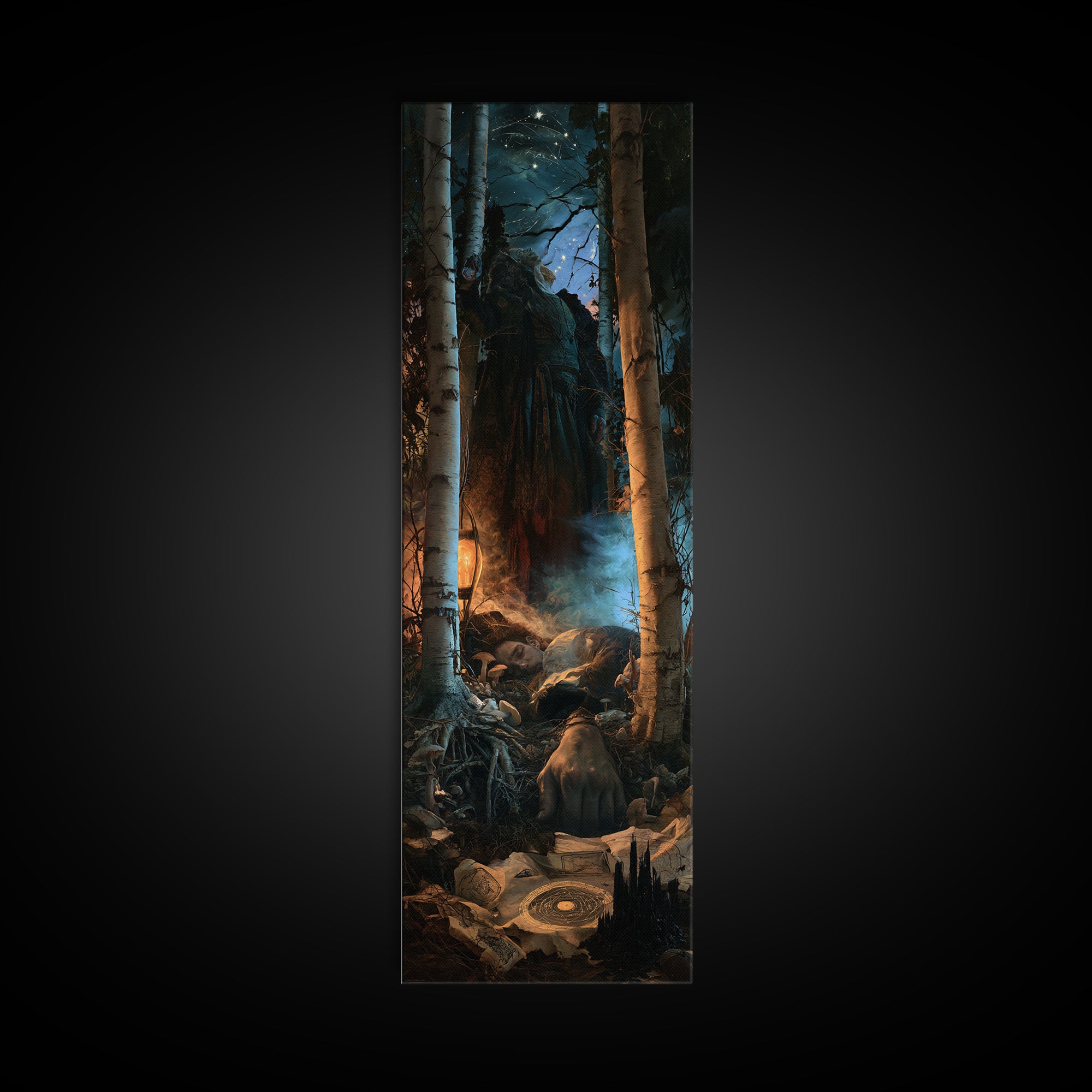 The Sleeper In The Birch Grove, Lovecraftian Portrait Art, Tall Narrow Wall Art, Framed Canvas Print, Gothic Wall Decor, Macabre Wall Art