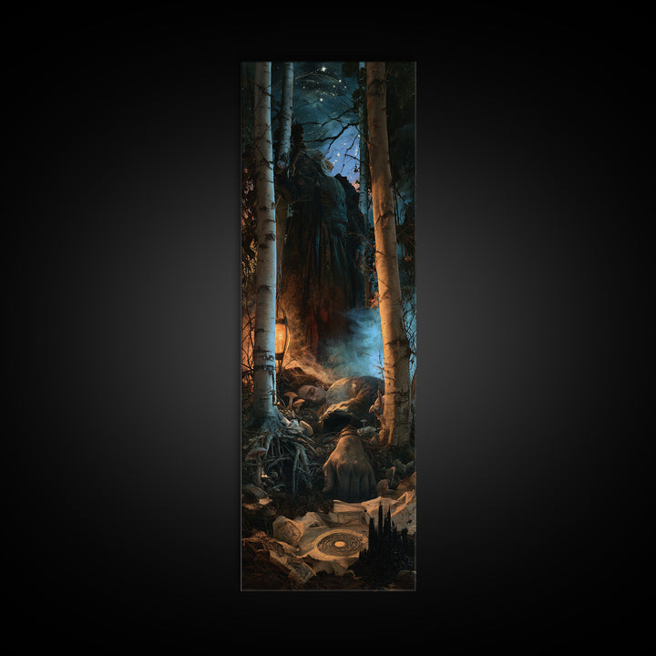 The Sleeper In The Birch Grove, Lovecraftian Portrait Art, Tall Narrow Wall Art, Framed Canvas Print, Gothic Wall Decor, Macabre Wall Art