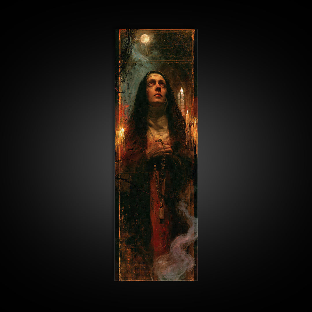 The Nun Of The Endless Constellation, Macabre Victorian Decor, Tall Narrow Wall Art, Framed Canvas Print, Gothic Wall Decor